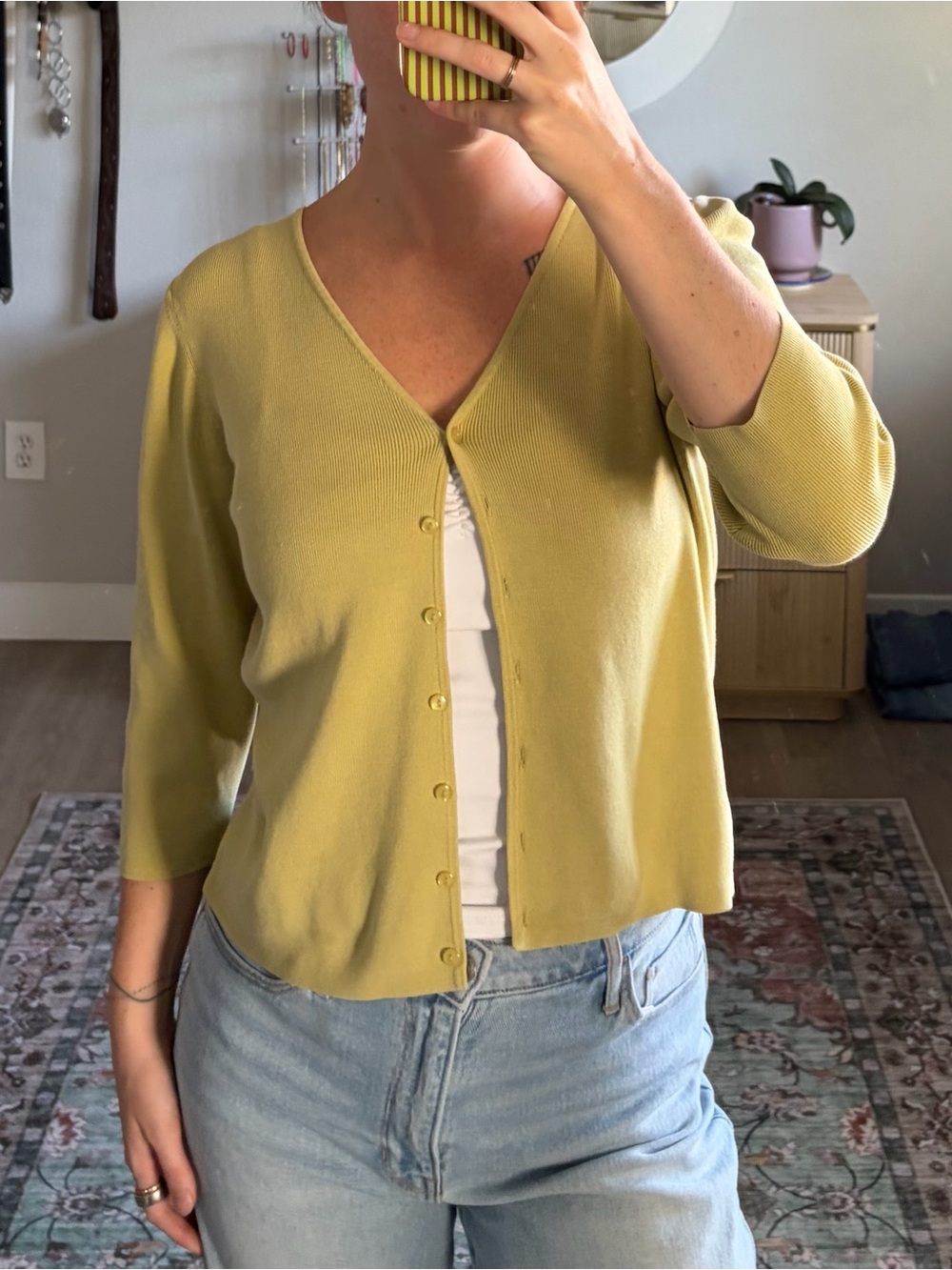 Ann Taylor Y2K Chartreuse Ribbed Knit Cardigan Size M